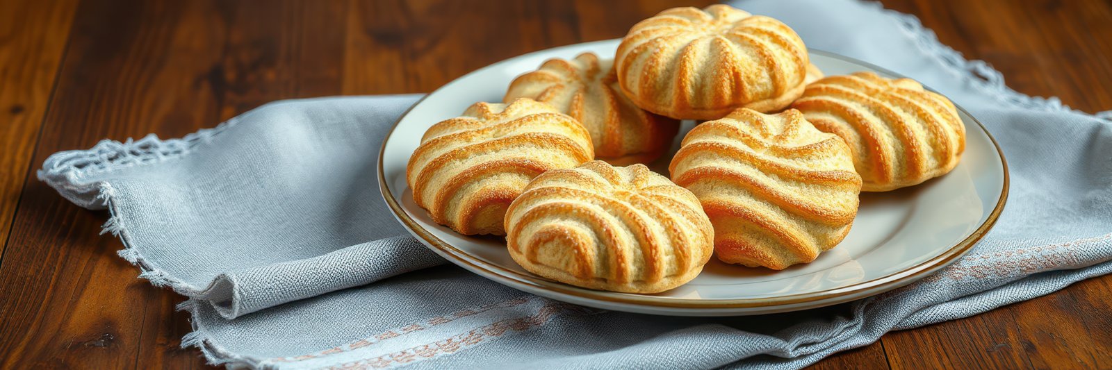 Delicious buttery cookies arranged on a plate surrounded by a soft cloth on a wooden table
